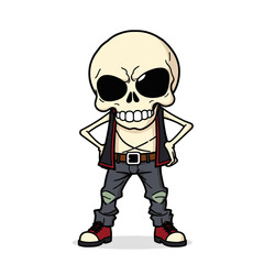 a skull emoji wearing a red and black leather vest, a black belt, and red and white sneakers.