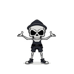 Skull emoji with arms outstretched and a hat on its head.