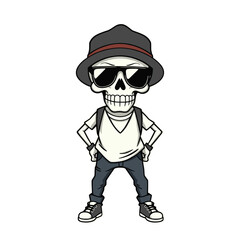 a skull emoji wearing a fedora, sunglasses, and has a confident pose.