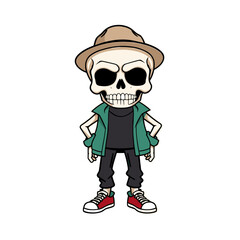 a skull emoji wearing a hat, a green vest, and red and white sneakers.