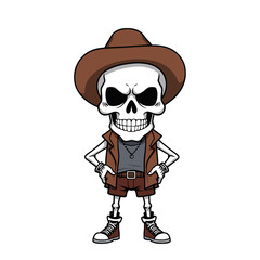 a skull emoji wearing a brown hat, a gray shirt, brown shorts, and brown shoes.