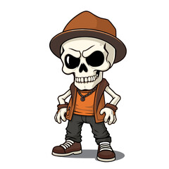 a skull emoji wearing a hat, orange vest, and sneakers.