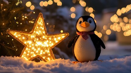 Penguin plush in front of large Christmas star glowing lights and snow