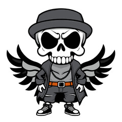 a skull emoji wearing a hat, a chain, and a belt.