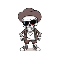a skull emoji wearing a hat, sunglasses, and casual clothing, with a confident and stylish appearance.