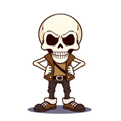 a skull emoji wearing a leather jacket, standing with its hands on its hips and wearing boots.