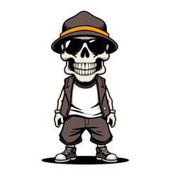 a skull emoji wearing  sunglasses, a hat, and sneakers.