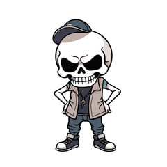 a skull emoji wearing a baseball cap, a vest, and sneakers.