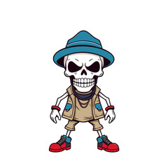 a skull emoji wearing a blue hat, a brown vest, and red shoes.