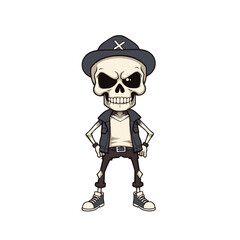 a skull emojiwearing a hat with an x, a leather jacket, and sneakers, with a menacing expression on its face.