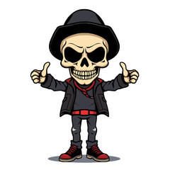 a skull emoji wearing a hat, jacket, and shoes, giving a thumbs up gesture.