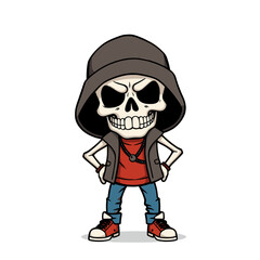 a skull emoji wearing a hoodie, red shirt, blue jeans, and red and white sneakers.