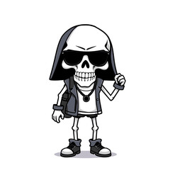 a skull emoji wearing sunglasses, a leather jacket, and boots.