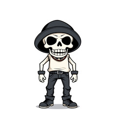 a skull emoji wearing a hat, a tank top, and jeans.