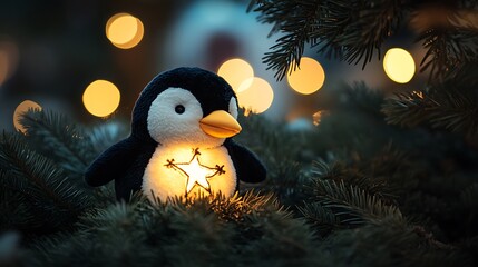 Penguin plush nestled under pine tree glowing star above