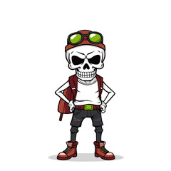 a skull emoji wearing a red hat, a backpack, and red shoes.