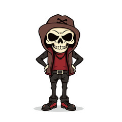 a skull emoji wearing a brown hoodie, red shirt, black pants, and black and red shoes.