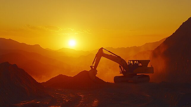 Excavator working at sunset in quarry.