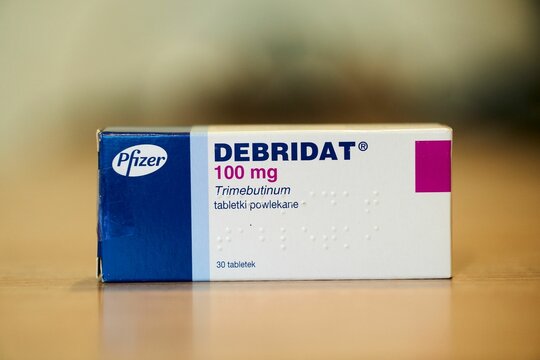 Closeup of Polish Debridat brand medicine in a carton on the table.