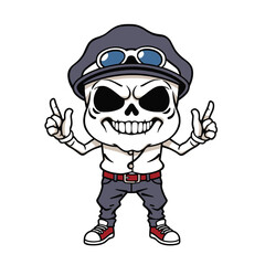 a skull emoji wearing a hat, sunglasses, and a red belt, with both hands raised in a peace sign gesture.