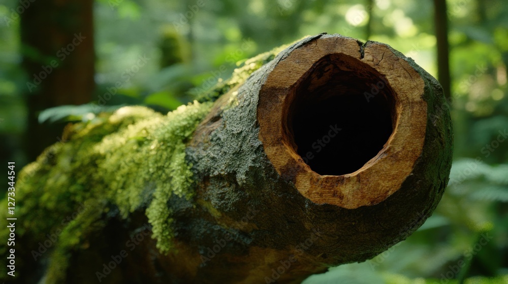 Poster a mossy log has a large hole through its center