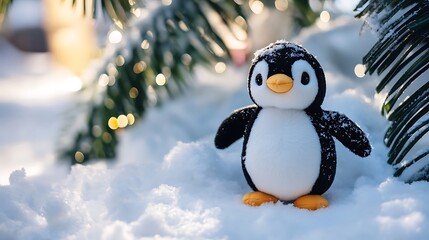 Fototapeta premium Penguin plush standing by snowy Christmas coconut tree