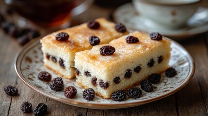 Homemade raisin cake slices on plate, teacup in background, wooden table