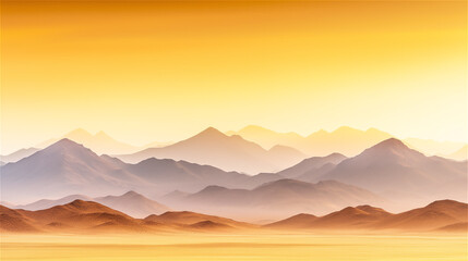 Obraz premium A vast desert landscape with rolling hills and mountains beneath a golden-orange sky at sunset. The dramatic lighting creates a stunning view of nature's beauty.