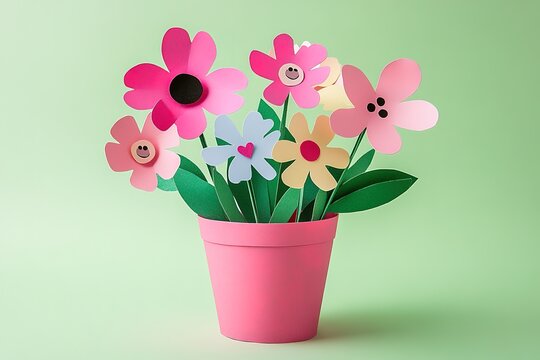 Colorful paper flower bouquet in a pink pot against a mint green background.