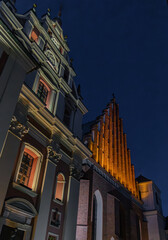 A section of the St John's Archcathedral illuminated at night. Warsaw, Poland.