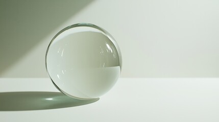 Crystal-clear glass sphere resting on a smooth white background, soft reflections and shadows.