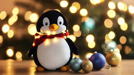 Penguin plush wearing lights and Christmas baubles