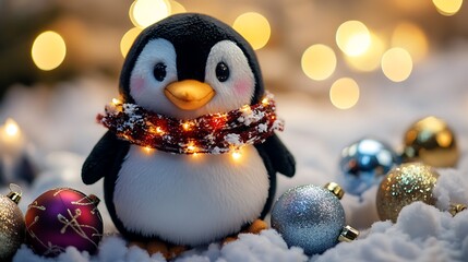 Penguin plush wearing lights and Christmas baubles