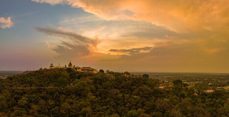 aerial view beautiful golden sunrise the palace in Phetchaburi city on hilltop..A beautiful palace built on top of a hill is a famous landmark on the hilltop of Phetchaburi province.