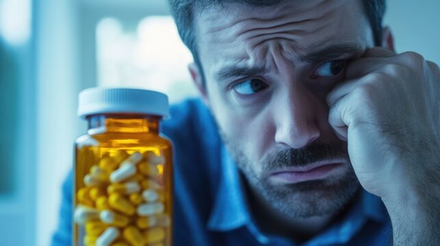 Withdrawal symptoms cause confusion. A person looking at a medication bottle with a perplexed expression