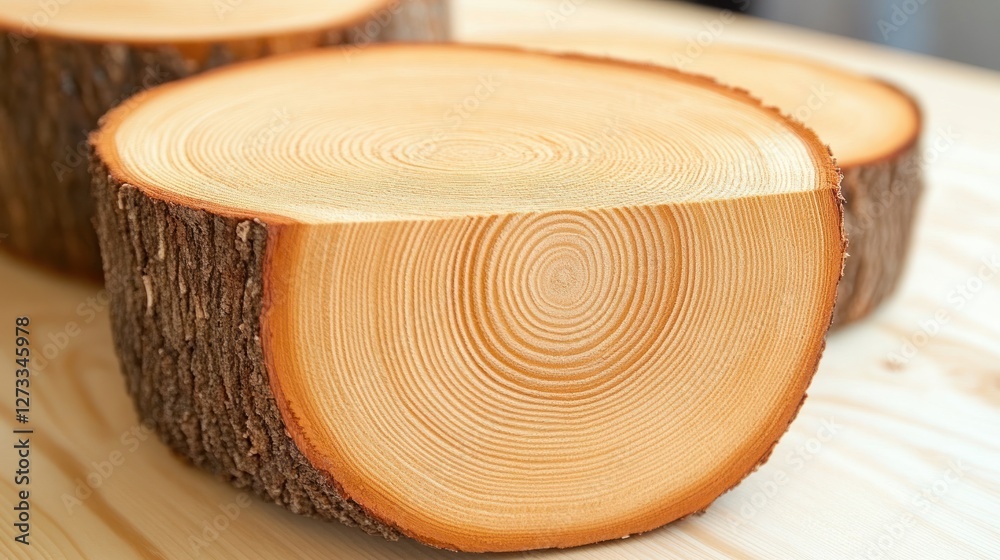 Poster tree trunk slices displaying growth rings on a wooden surface