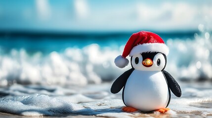 Penguin plush with Santa bell near tropical waves