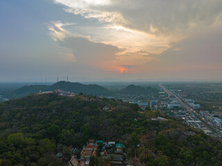 aerial view beautiful golden sunrise the palace in Phetchaburi city on hilltop..A beautiful palace built on top of a hill is a famous landmark on the hilltop of Phetchaburi province.