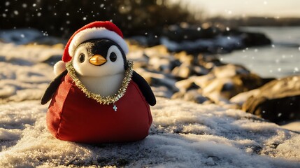 Penguin plush with Santa sack by shoreline at Christmas dawn