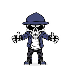 a skull emoji wearing a blue hat and jacket, with arms outstretched and giving a thumbs-up gesture.
