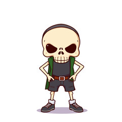 a skull emoji wearing a green vest, black shorts, and black shoes.