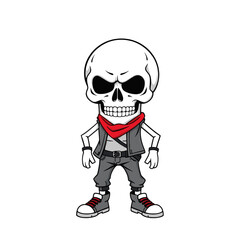 a skull wearing a red bandana, gray vest, and red and white sneakers.