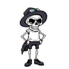 a skull emoji wearing a hat, sunglasses, and a backpack.