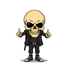 a skull emoji wearing a leather jacket, giving a thumbs up gesture, and standing upright with its feet positioned shoulder-width apart.