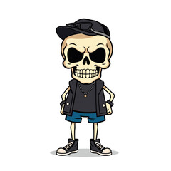 a skull emoji wearing a black baseball cap, sunglasses, and a black t-shirt.