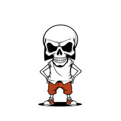 a skull wearing a white shirt, orange pants, and red shoes, with a stern expression and hands on hips.
