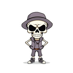 a skull emoji wearing a hat, vest, and sneakers.