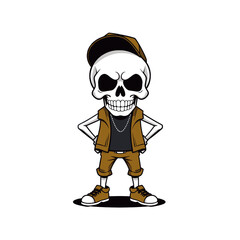 a skull emoji dressed in a brown jacket, a baseball cap, and sneakers.