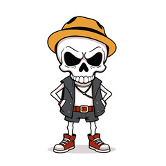a skull emoji wearing a hat, a shirt, a belt, and shoes.