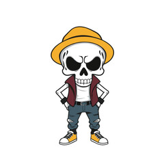 a skull emoji wearing a yellow hat, red vest, blue jeans, and yellow sneakers.
